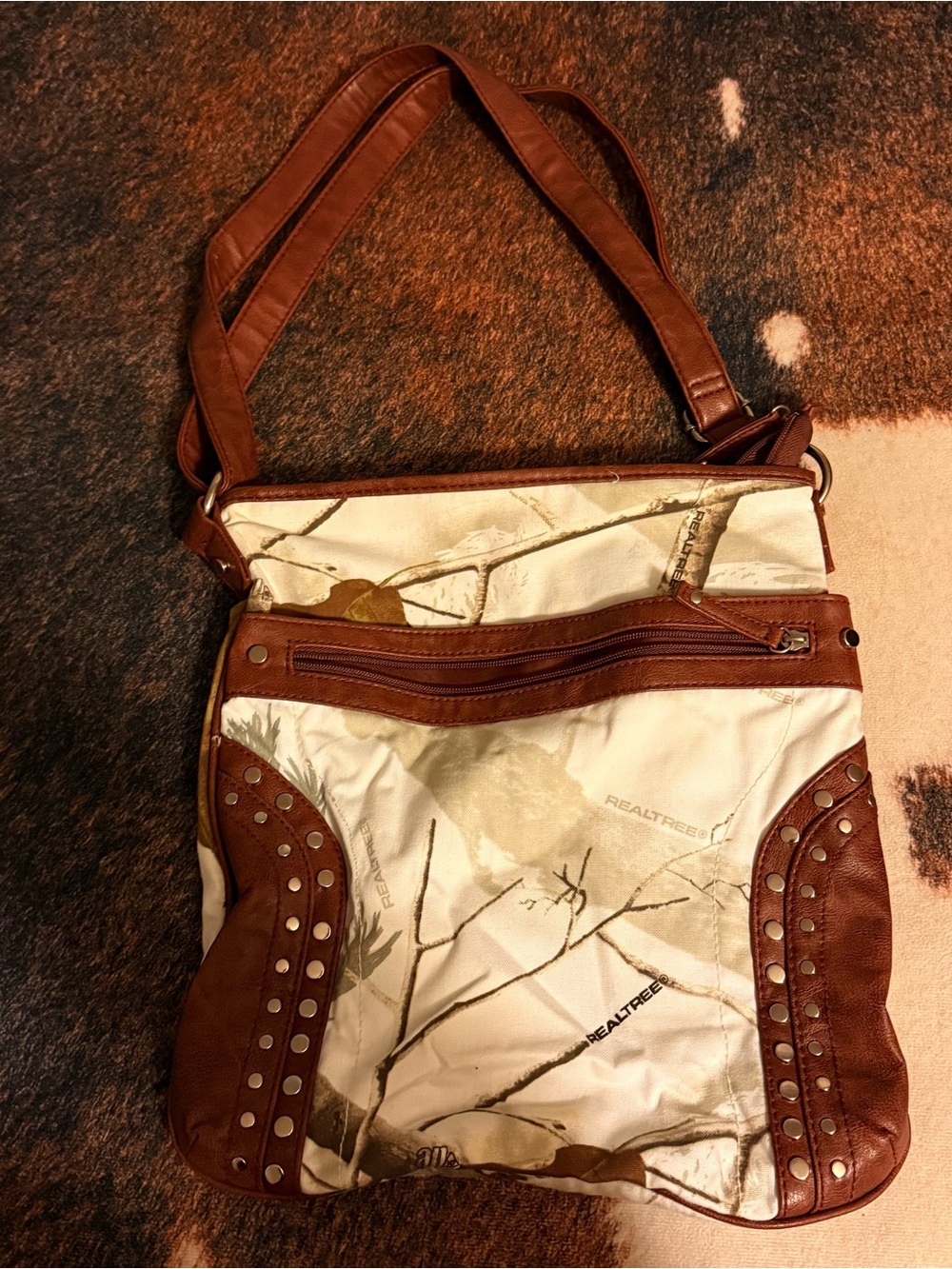 Realtree Cream and Brown Camo Studded Shoulder Bag
